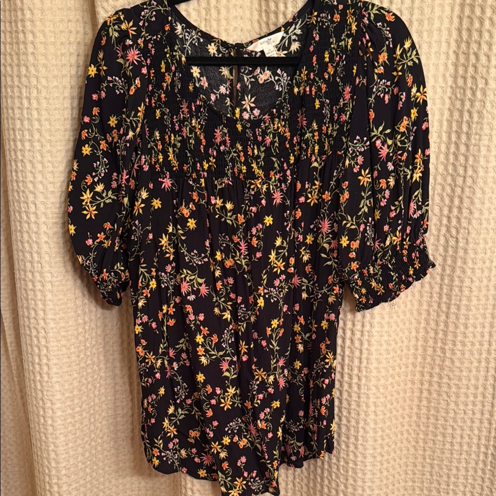 Yellow and Pink Puff Sleeve Smocked Blouse